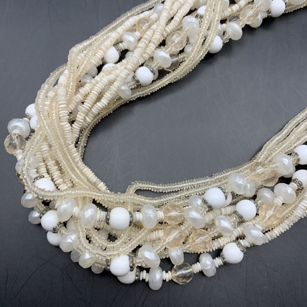 White and Ivory Tone Beaded Multi Strand Necklace Bold Chunky Retro
